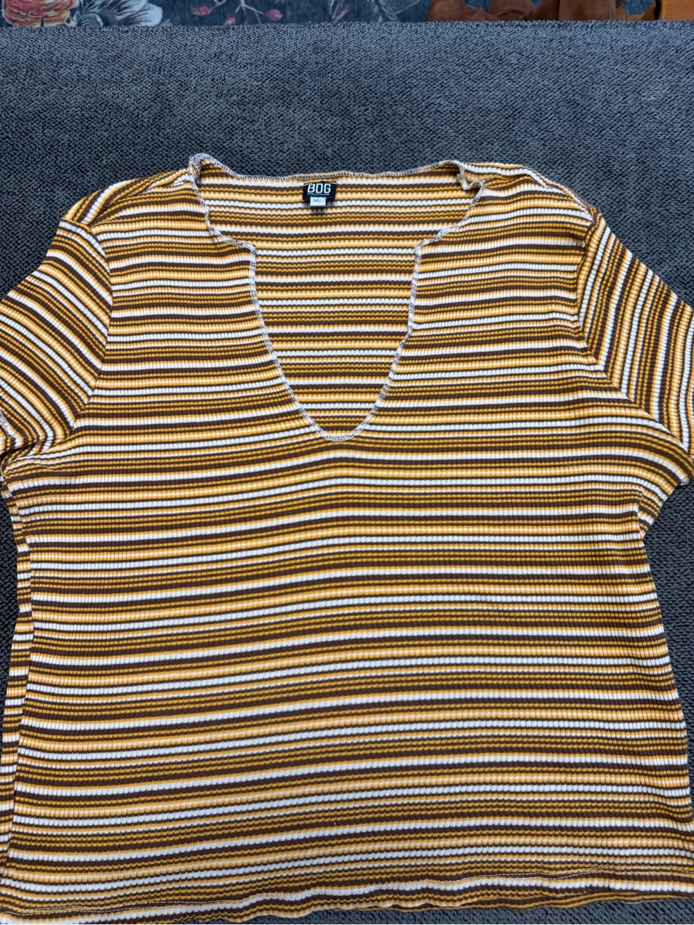 BDG Striped V-Neck Short Sleeve Top in Mustard, White & Brown